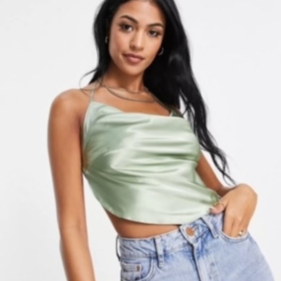 ASOS - Satin Scarf Double Tie Halter Top in Sage, Size 12 - Picture 1 of 7